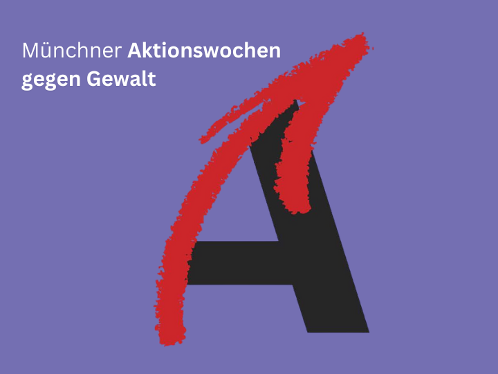 Auf dem Bild ist das Logo der Münchner Aktionswochen gegen Gewalt zu sehen: ein gewschungenes A in Schwarz und Rot